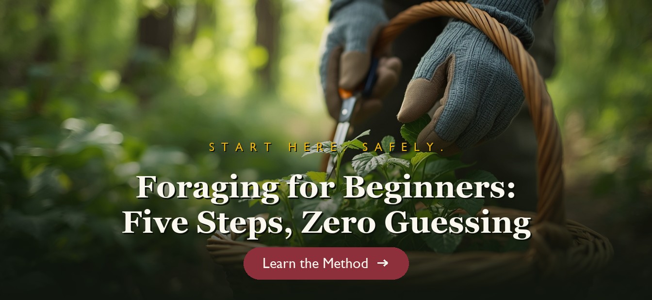 Hands picking young nettle leaves into a wicker basket on a forest path