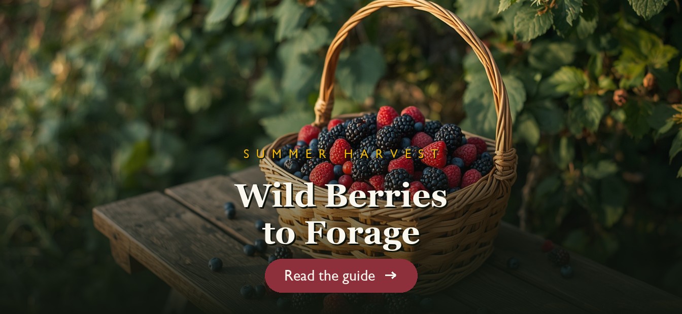 Basket of foraged wild berries beside a hedgerow