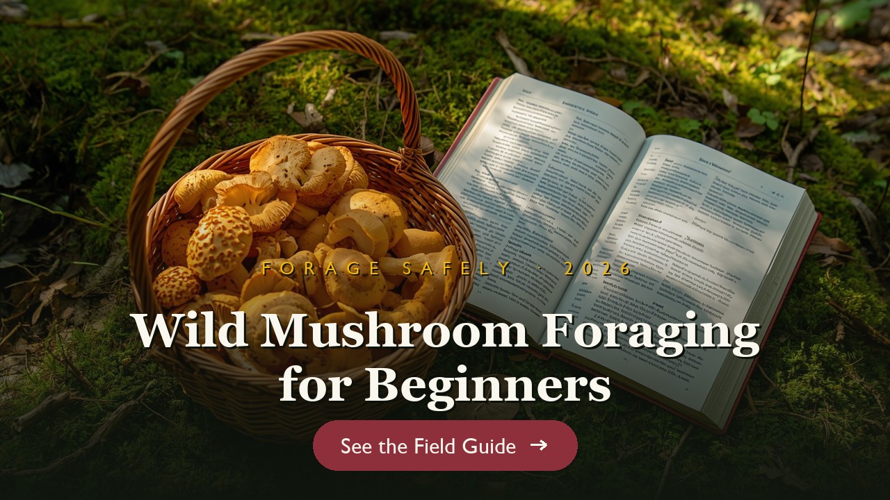 Basket of foraged wild mushrooms on a forest floor beside a field guide