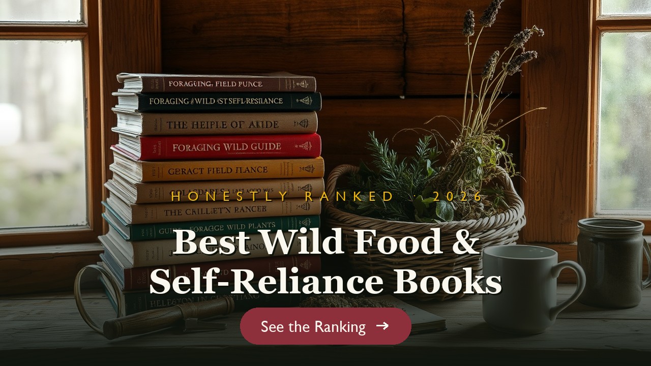 Stack of foraging and self-reliance field guides on a rustic shelf