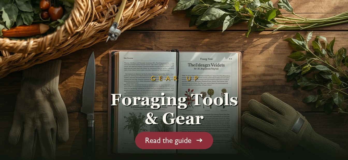 Foraging tools laid out โ basket, knife, gloves and a field guide