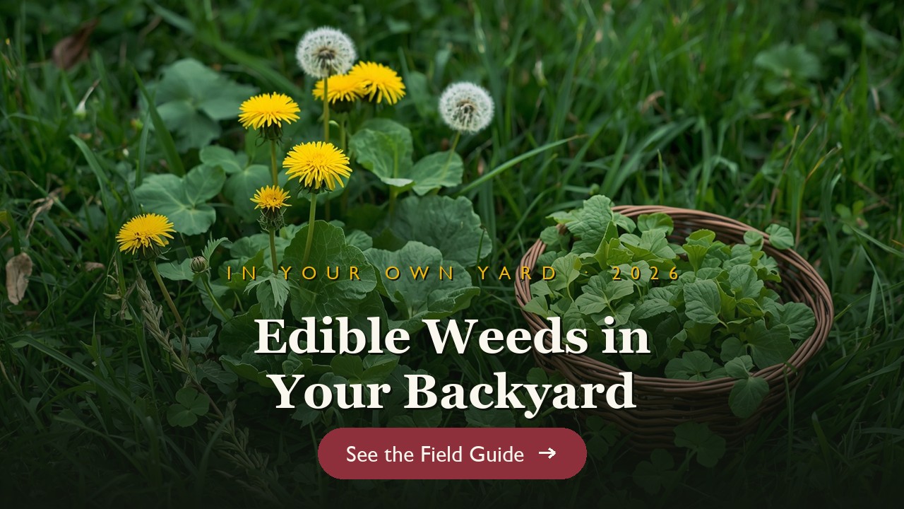 Backyard weeds โ dandelions, clover and plantain โ with a basket of foraged greens