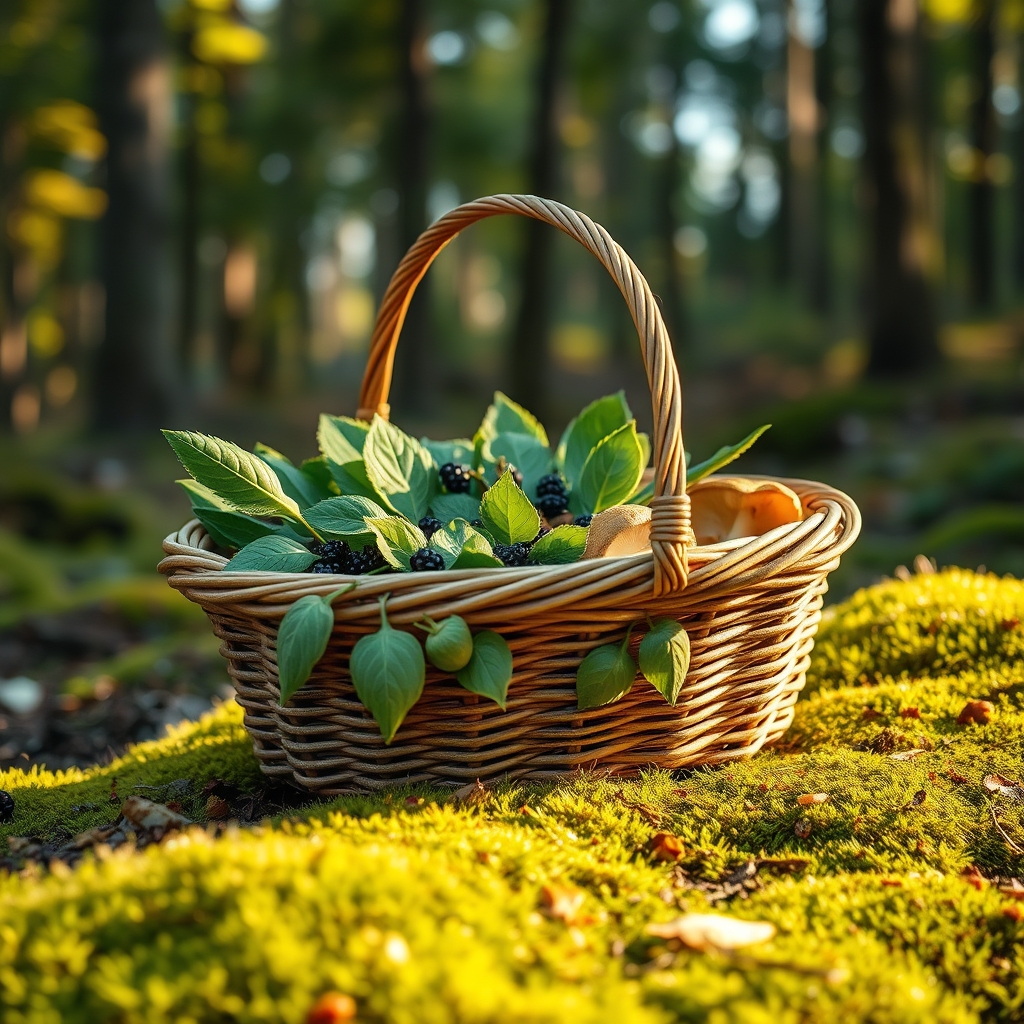 Wicker foraging basket with wild greens and blackberries on a mossy forest floor